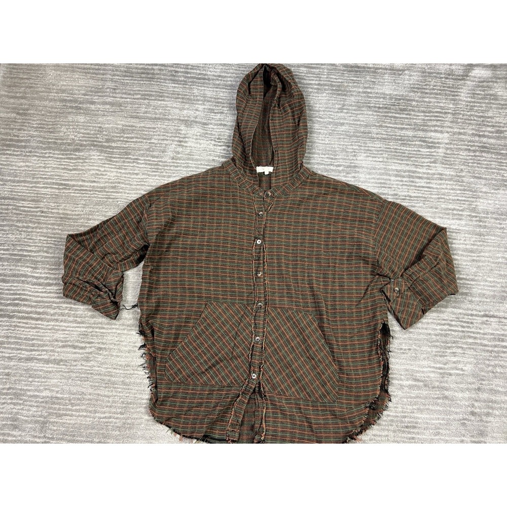 Gilded Intent Top Womens Medium Brown Striped Button Up Hooded Linen Blend